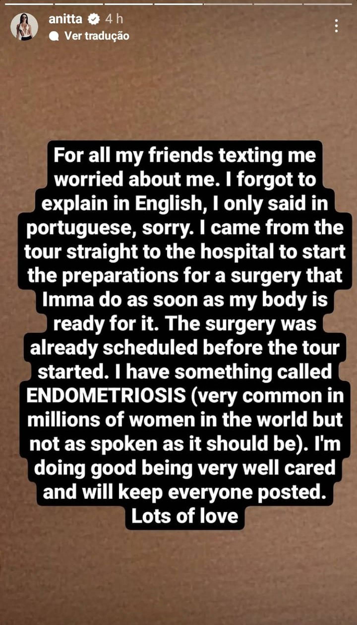 Pelo Instagram, Anitta revela motivo de sua internação