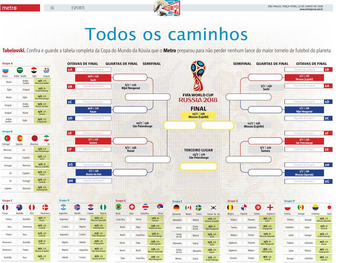 Imprima a tabela de jogos completa da Copa do Mundo da Rússia de 2018 -  Esportes - R7 Copa 2018