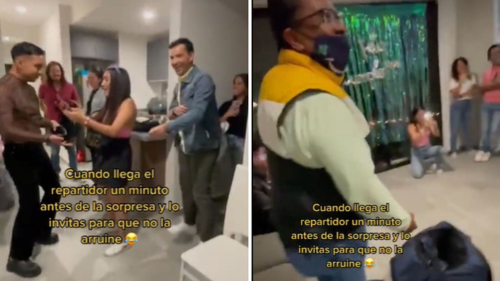 Repartidor llegó a entregar comida a una fiesta sorpresa y tuvo que esconderse porque venía llegando el cumpleañero