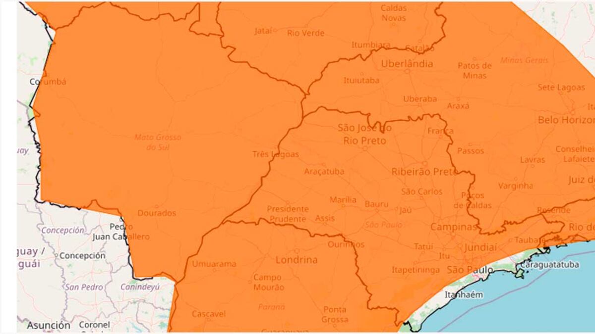 Mapa mostra área afetada pelo alerta laranja