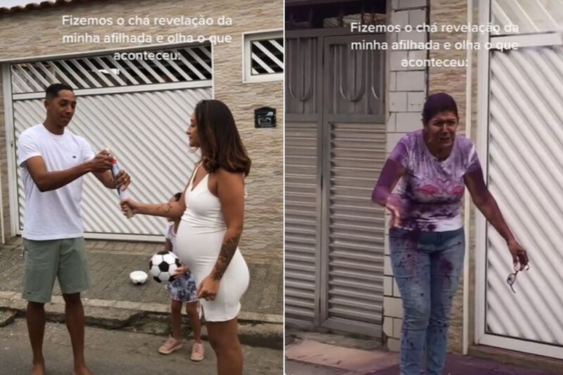 Tia de grávida fica coberta de pó roxo em chá revelação