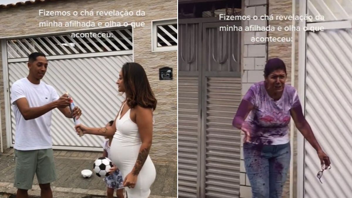 Tia de grávida fica coberta de pó roxo em chá revelação