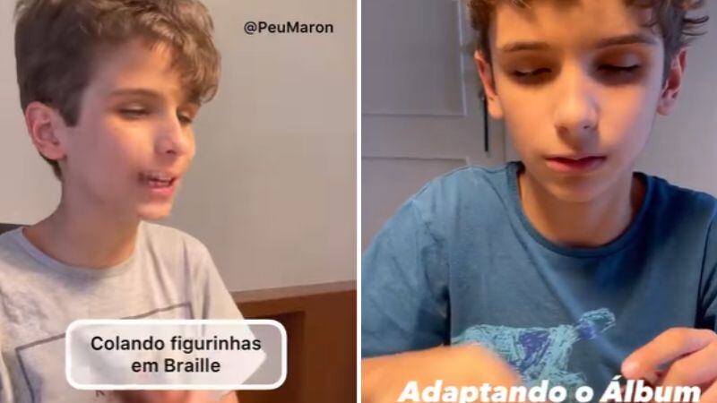 Garoto cego de nascença faz sucesso ao colecionar álbum de figurinhas adaptado