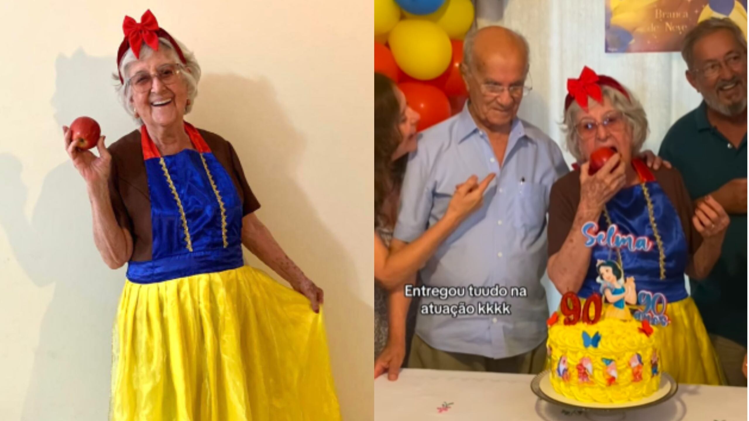 Idosa viraliza e encanta a web ao comemorar aniversário de 90 anos com tema 'Branca de Neve e os 7 anões'