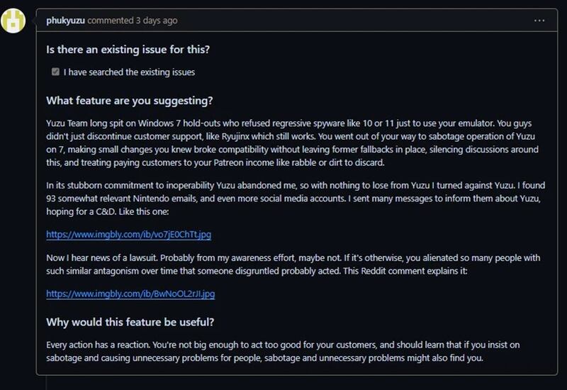 Nintendo y Yuzu Correo usuario molesto