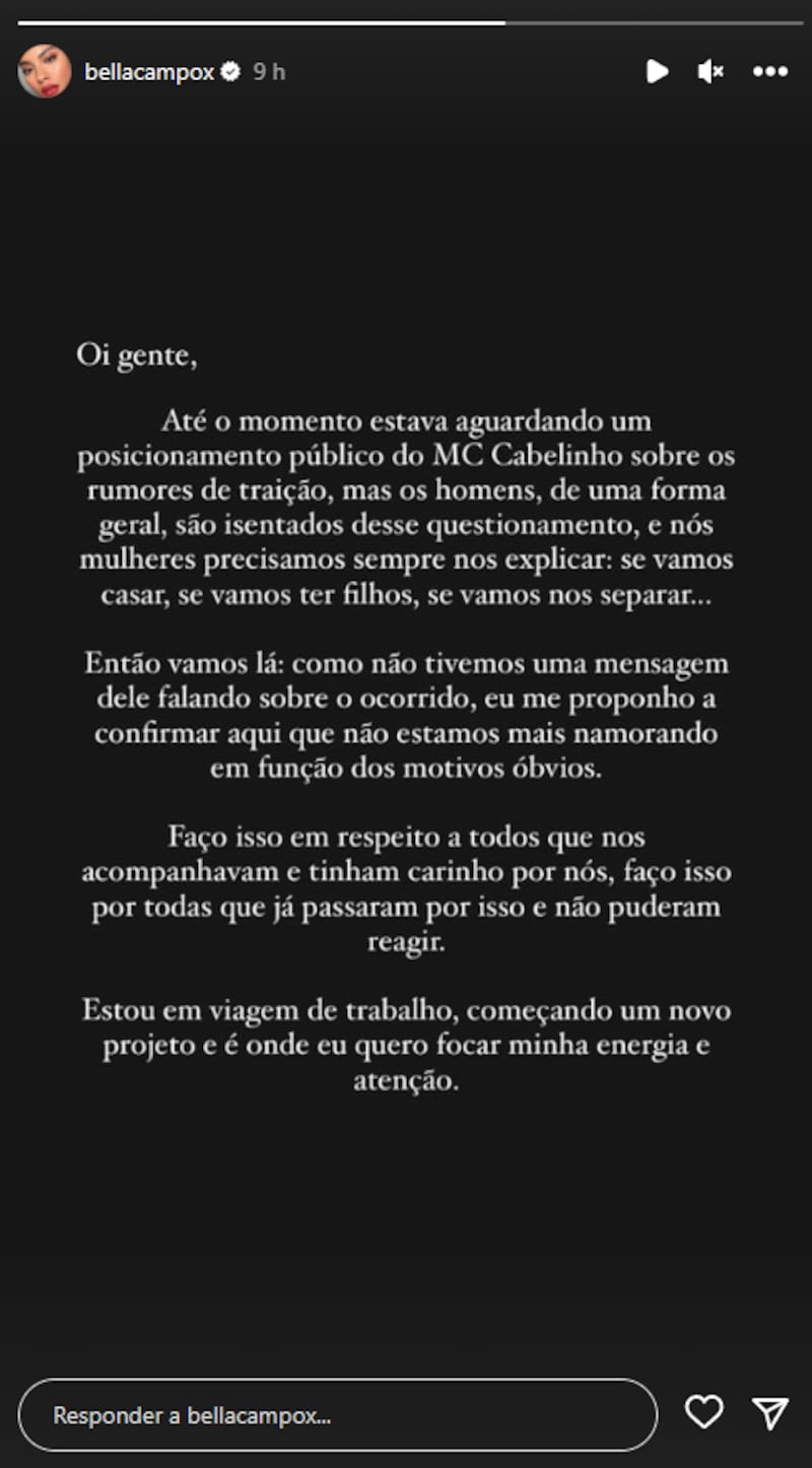 A atriz Bella Campos se pronunciou em suas redes sociais.