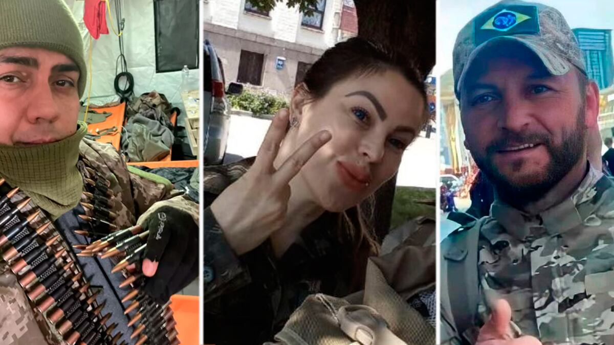 A partir da esquerda: André Luis Hack Bahi, Thalita do Valle e Douglas Búrigo morreram lutando contra as tropas russas na Ucrânia