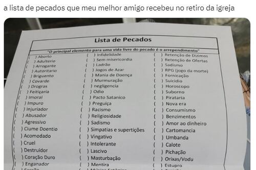 ‘Lista de pecados’ entregue em retiro viraliza na web; veja os mais ‘incomuns’