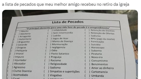 Lista de pecados teria sido entregue em retiro de igreja