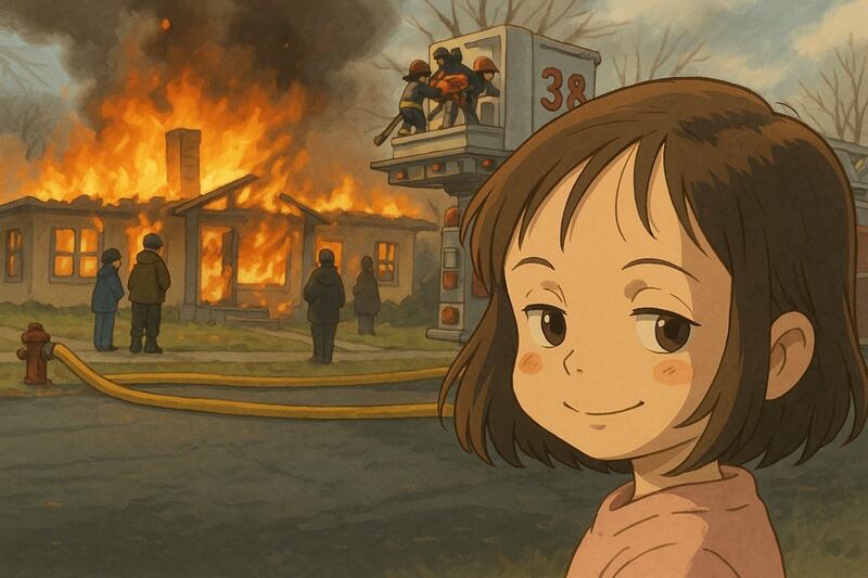 Meme de la niña incendio como si fuera una imagen del Studio Ghibli - Foto de ChatGPT