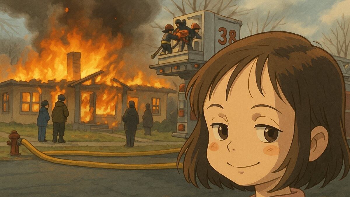 Meme de la niña incendio como si fuera una imagen del Studio Ghibli - Foto de ChatGPT