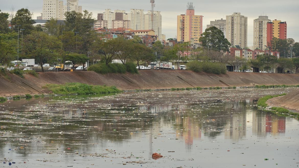 Acúmulo de lixo no rio Tietê, após chuva durante a manhã.