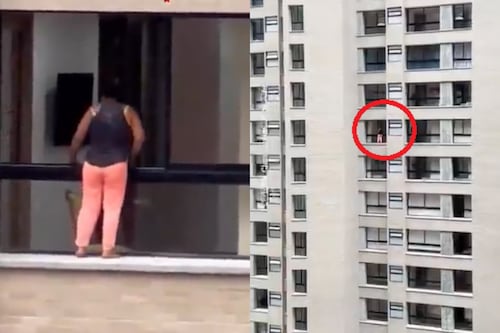 Mulher é flagrada limpando janela do lado de fora de 12º andar sem proteção; vídeo