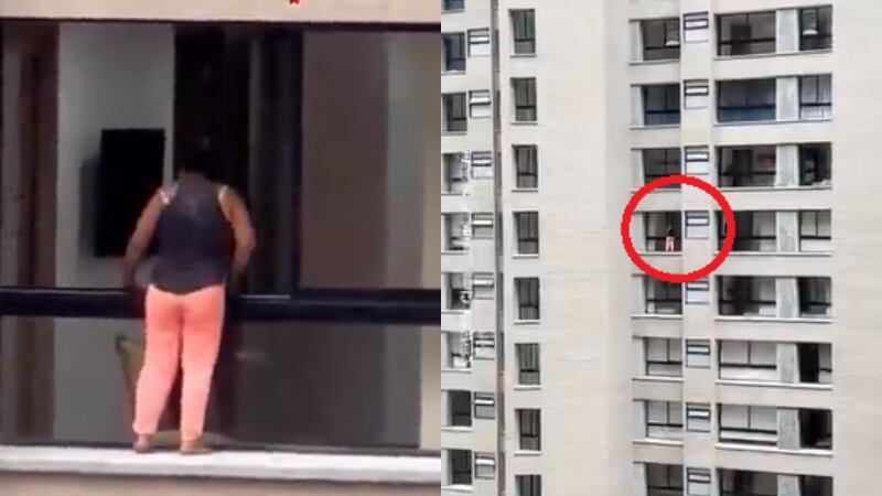 Mulher é flagrada limpando janela do lado de fora de 12º andar sem proteção; vídeo