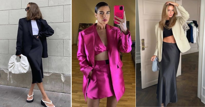 Tendencia de faldas satinadas con blazer 2024