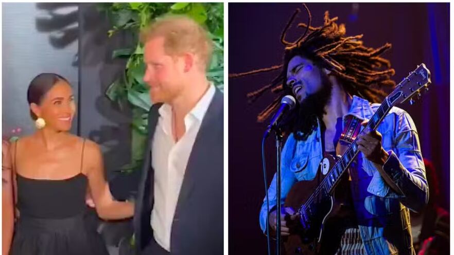 O Príncipe Harry e a atriz e Duquesa Meghan Markle na Jamaica para o lançamento de Bob Marley: One Love (2024), — Foto: Reprodução/Divulgação