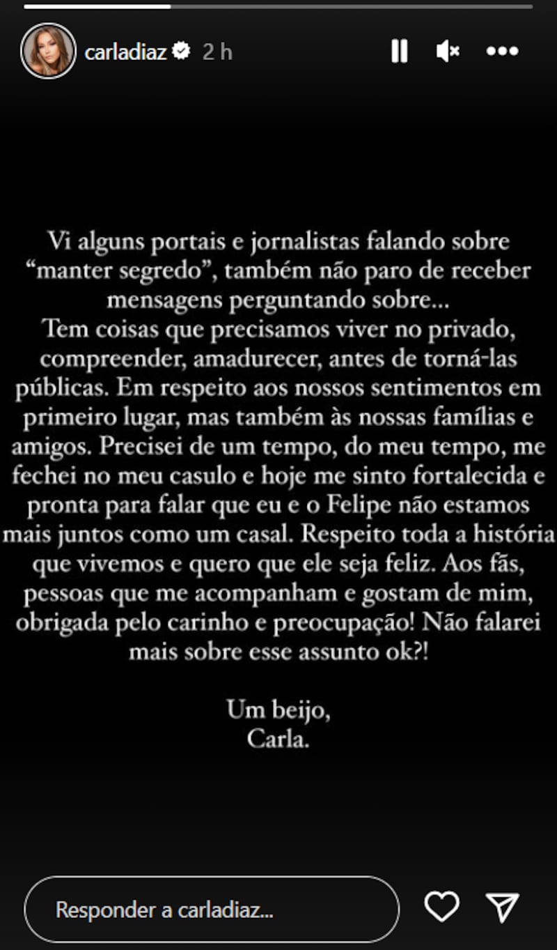 Carla Diaz anunciou o fim do seu noivado por meio de um stories em seu Instagram
Foto: @carladiaz