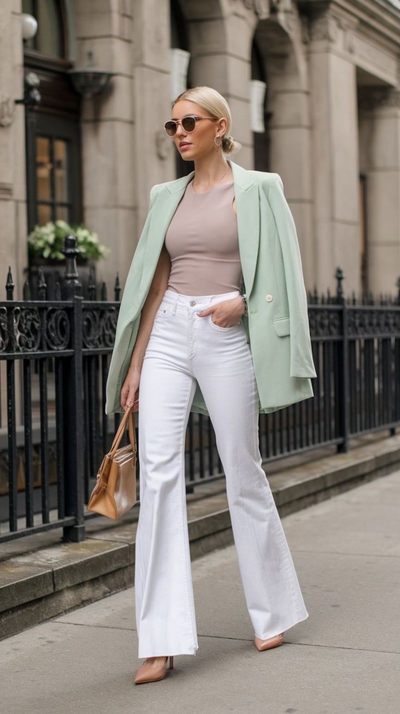 ¿Cómo usar jeans acampanados y blazer después de los 50?