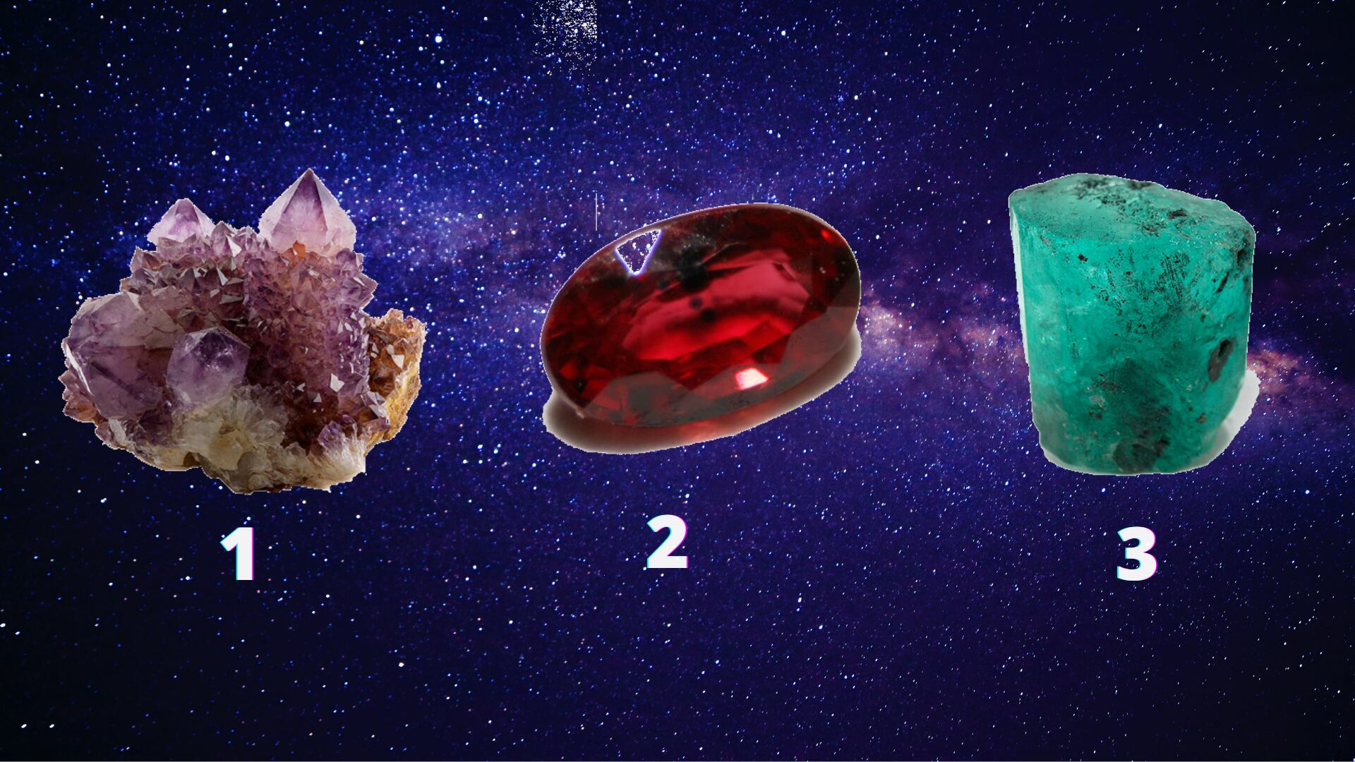 Cristal roxo, cristal vermelho e cristal verde.