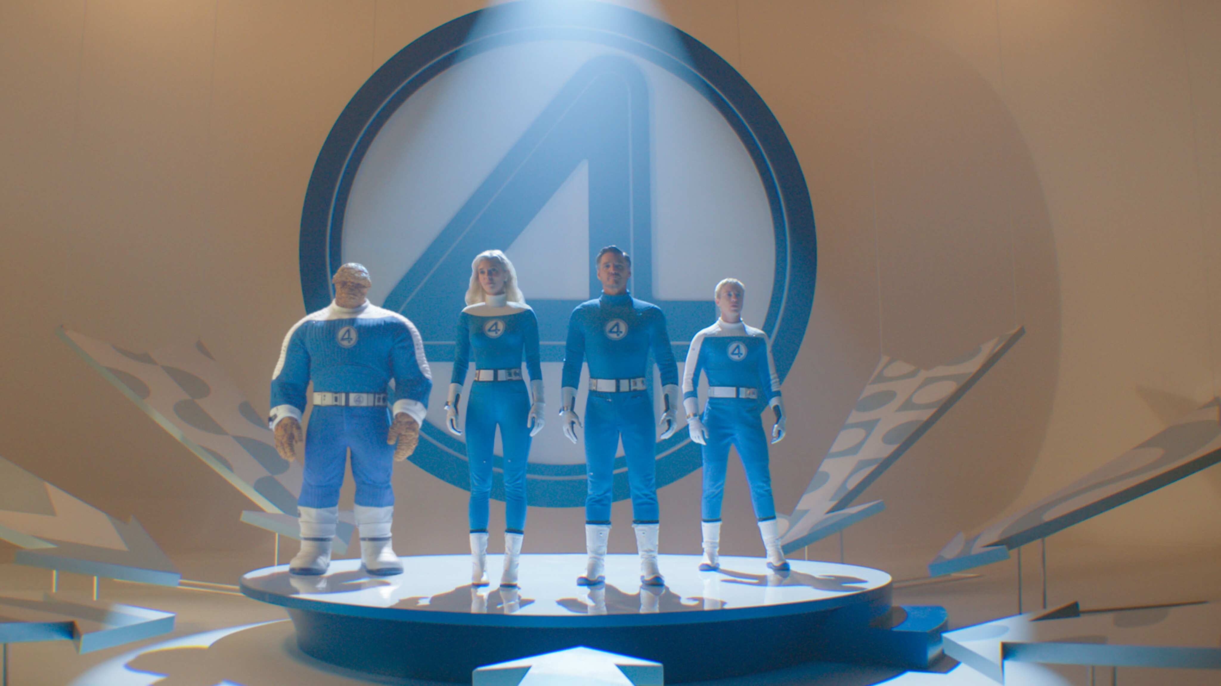 (L-R): Ebon Moss-Bachrach as Ben Grimm/The Thing, Vanessa Kirby as Sue Storm/Invisible Woman, Pedro Pascal as Reed Richards/Mister Fantastic and Joseph Quinn as Johnny Storm/Human Torch in 20th Century Studios/Marvel Studios' FANTASTIC FOUR: FIRST STEPS. Photo courtesy of 20th Century Studios/Marvel Studios. © 2025 20th Century Studios / © and ™ 2025 MARVEL.