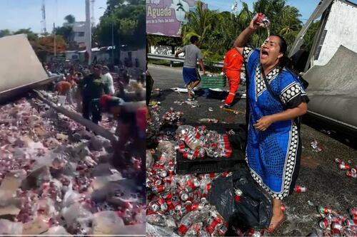 Mulher toma banho de cerveja durante saque após capotamento de caminhão no México