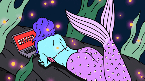 Gif animado: ilustração de uma sereia assistindo à Netflix em seu computador pessoal.