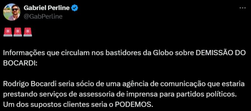 Demissão de Rodrigo Bocardi da TV Globo teria relação com prestação de serviço fora da emissora