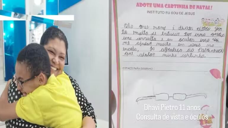 Dhavi, de 11 anos, pediu em cartinha ao Papai Noel óculos para poder estudar e enxergar na escola. Os donos de uma ótica na região se comoveram e decidiram agir. - Foto: reprodução / Instagram @nstitutoeusoudejesus