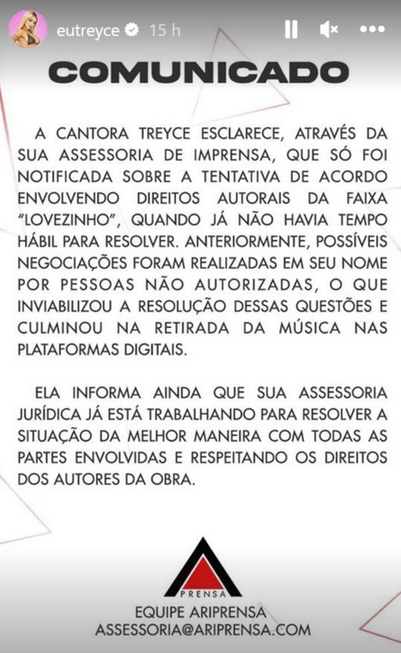Treyce esclarece polêmica sobre música 'Lovezinho'.