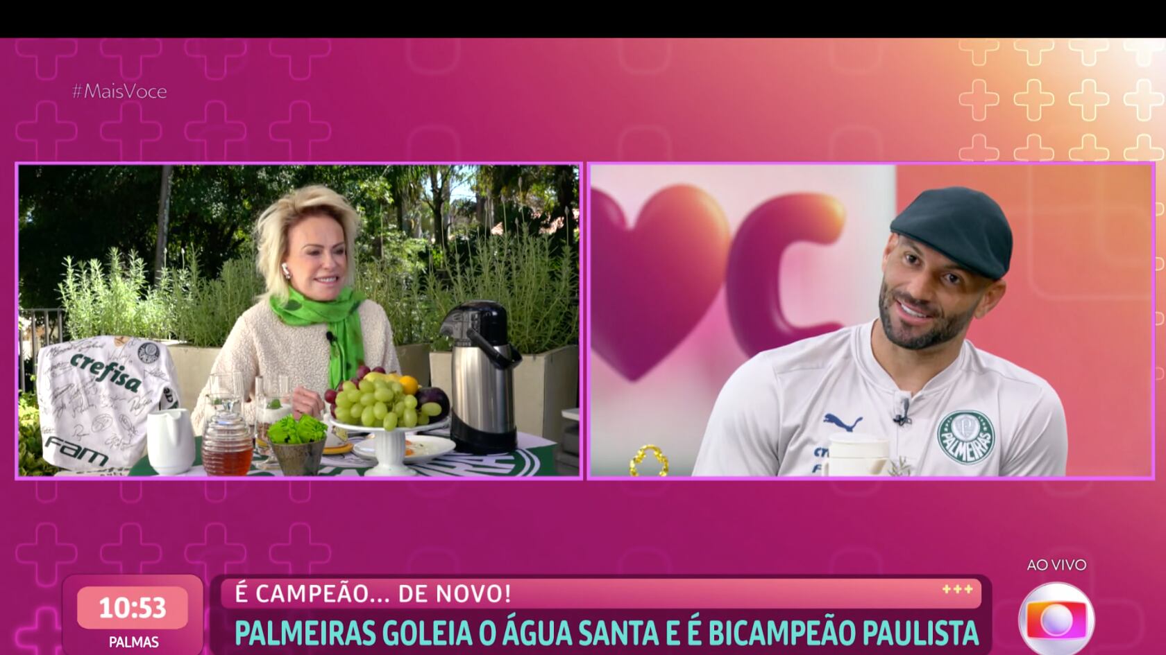 Ana Maria Braga participa do "Mais Você" de longe, para parabenizar goleiro Weverton