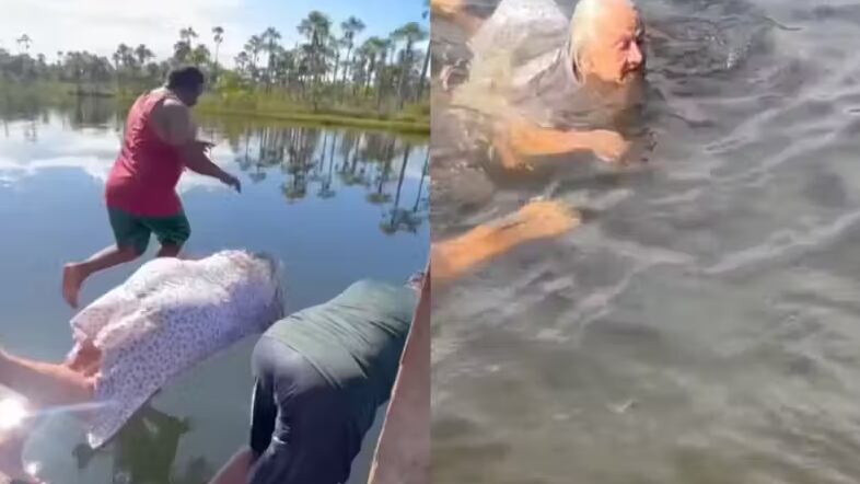 Os parentes até que tentaram impedir, mas a idosa de 93 não quis nem saber e se jogou no rio cinco vezes. Eita que disposição! Foto: @jaynecardosos/TikTok