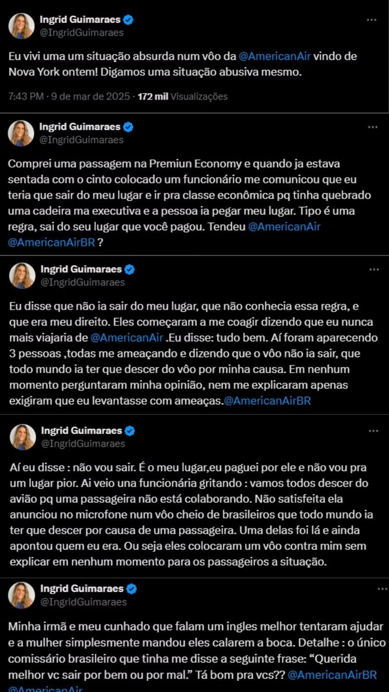 Ingrid Guimarães relata pressão dos funcionários da American Airlines para deixar seu assento em voo de Nova York para o Rio
