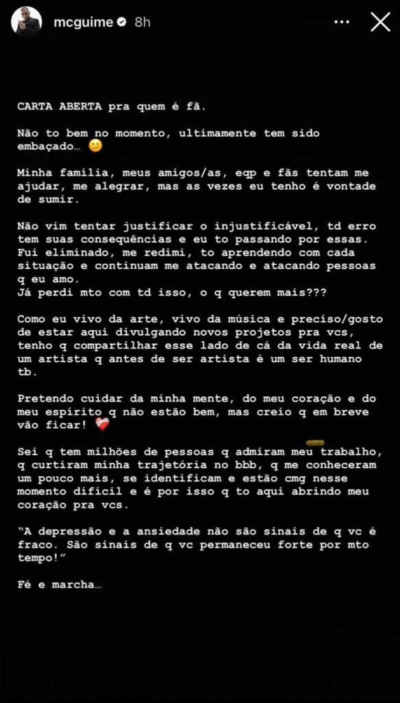 MC Guimê usa Instagram para falar sobre ansiedade e depressão