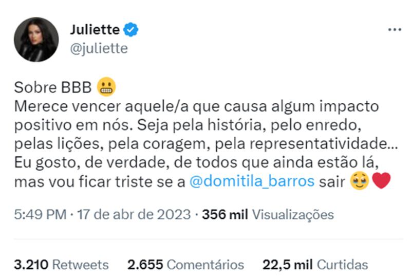 Juliette Freire apoia permanência de Domitila Barros no BBB 23