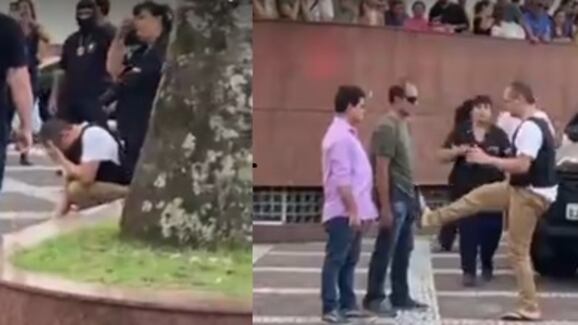 Vídeo: Durante reconstituição do crime, preso por matar idoso com voadora no peito se ajoelha e chora