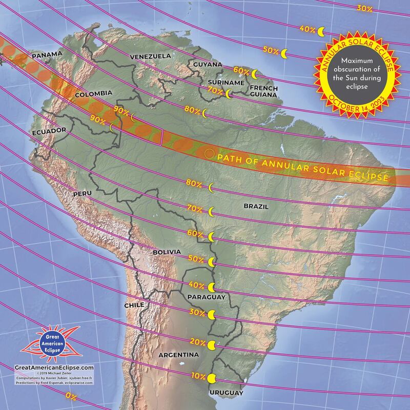 Mapa del eclipse solar anular del 14 de octubre de 2023
