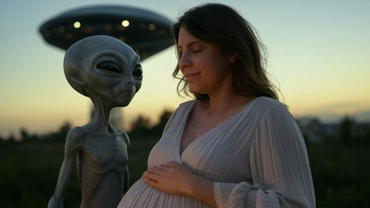 Mujer embarazada y un alienígena con su nave espacial en una imagen creada por la IA