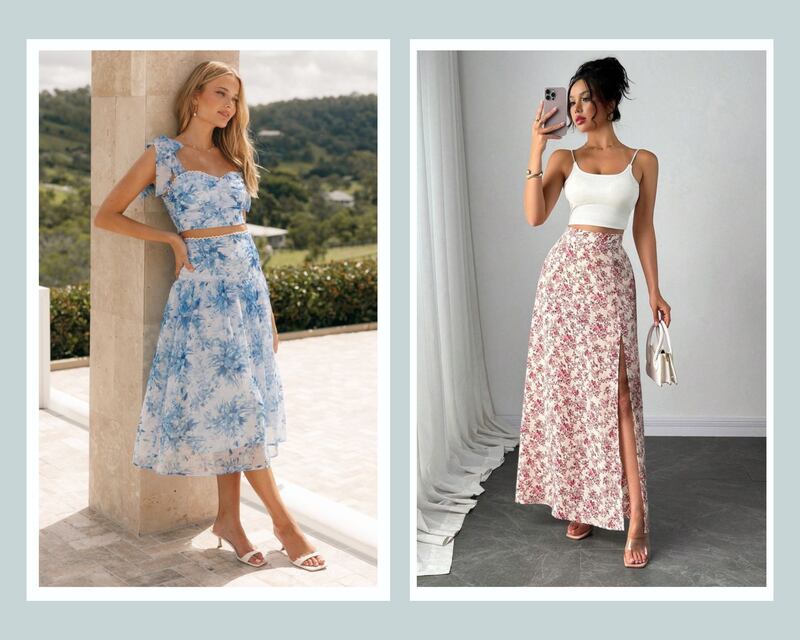 Faldas floreadas con blusa crop de tirantes.