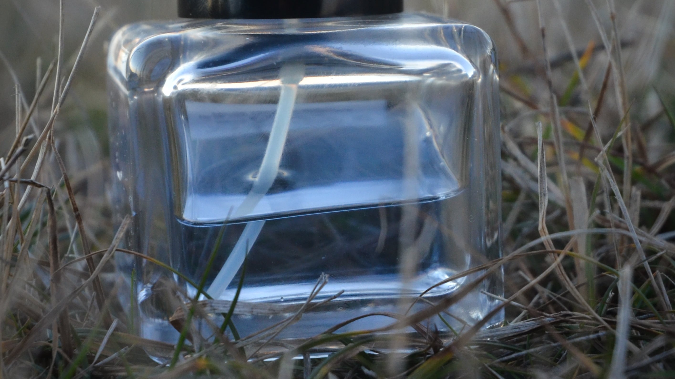 Frasco de perfume com líquido azul