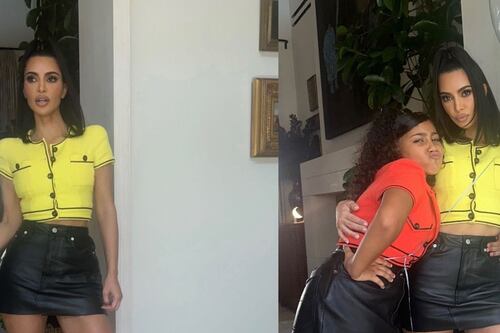 Kim e North vestem roupas iguais para celebrar o chá de bebê temático da Kourtney