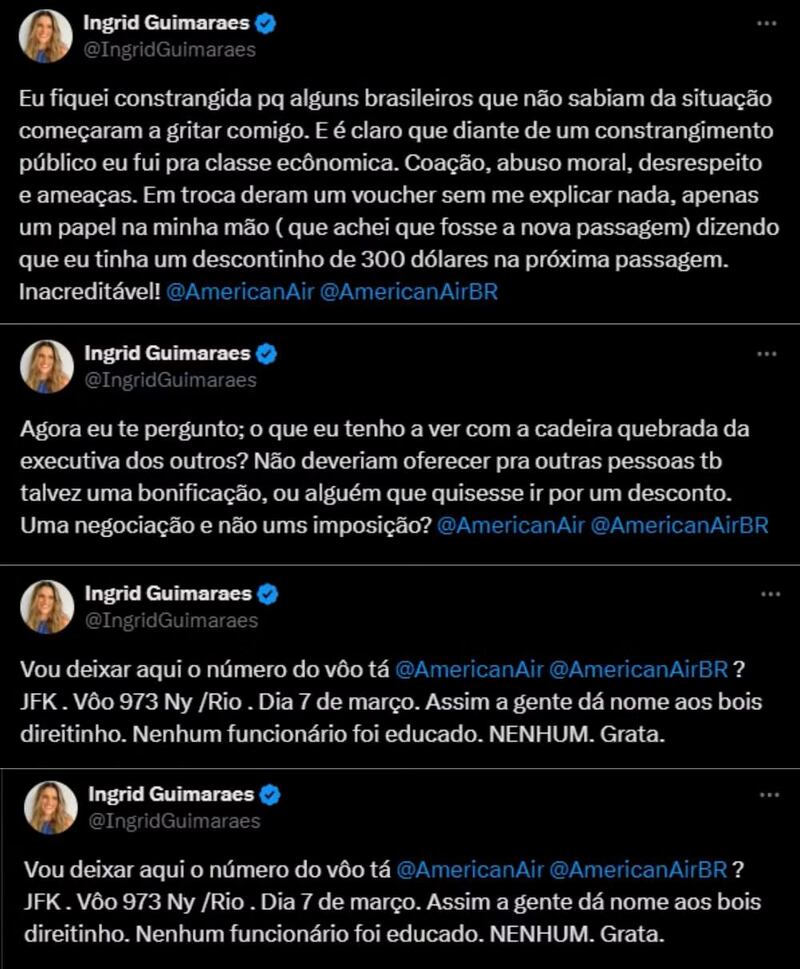 American Airlines respondeu post feito por Ingrid Guimarães e pede que ela veja as mensagens para que o caso seja analisado mais a fundo