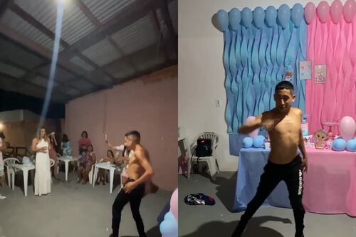 Chá revelação diferenciado: sexo do bebê é revelado com performance e termina em dançarino usando cueca rosa