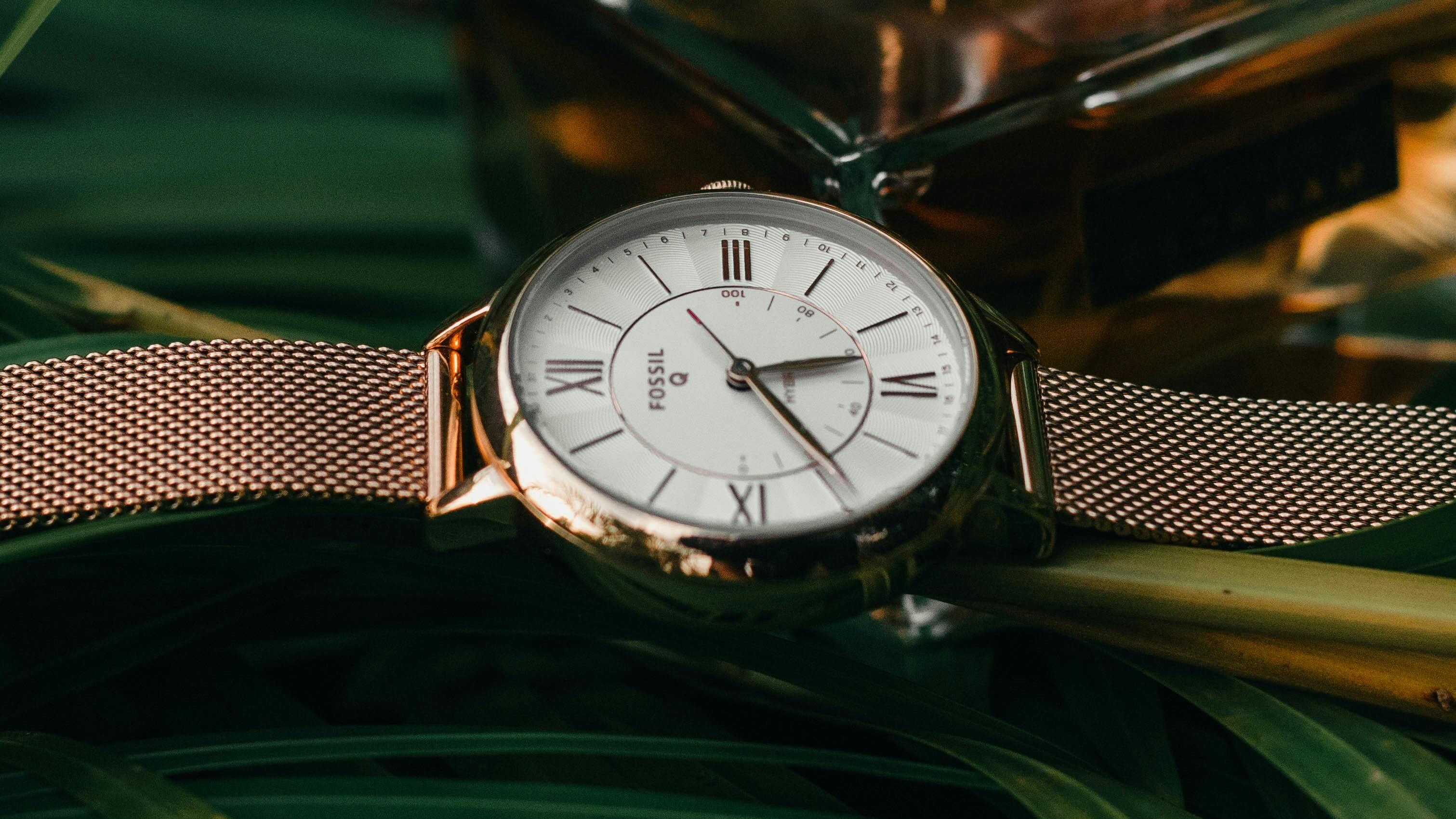 Relógio e frasco de perfume em cima de galhos verdes