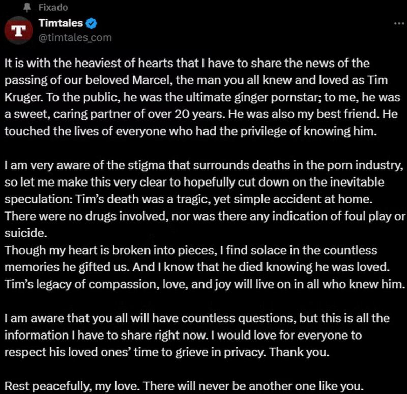 Ator pornô Tim Kruger morre aos 44 anos