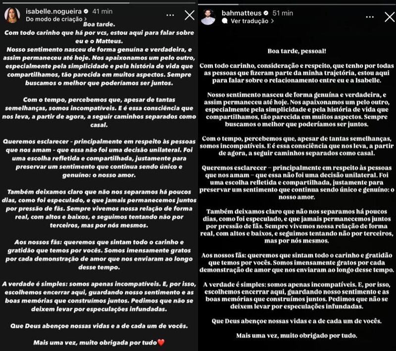 Isabelle Nogueira e Matteus Amaral via Instagram Story