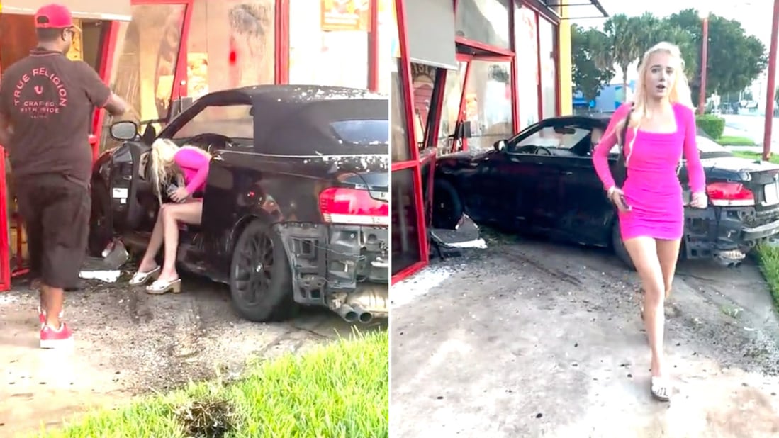 VIDEO: mujer estrella vehículo contra la entrada de un restaurante y se da a la fuga