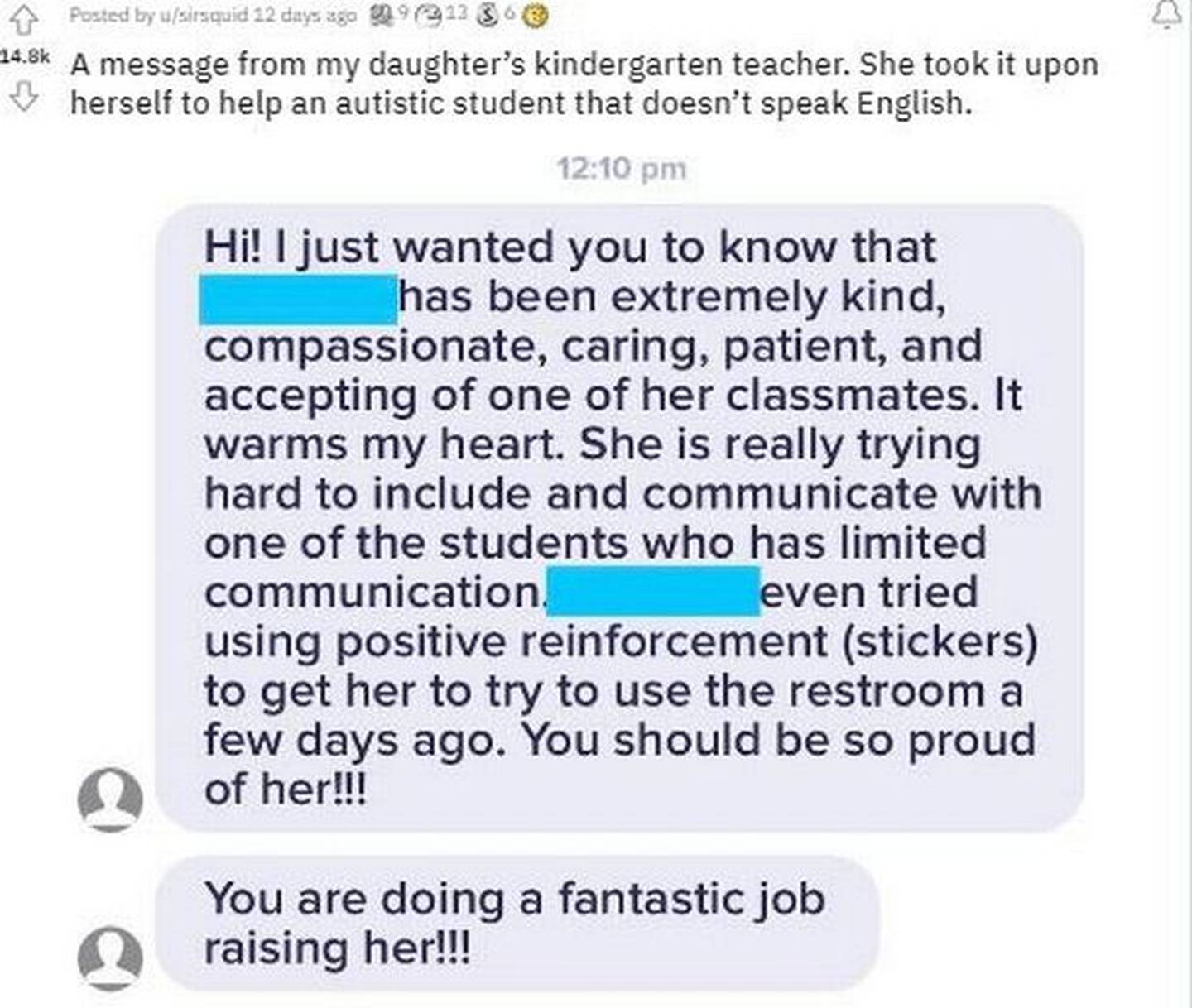 A professora enviou a mensagem elogiando as atitudes da menina.